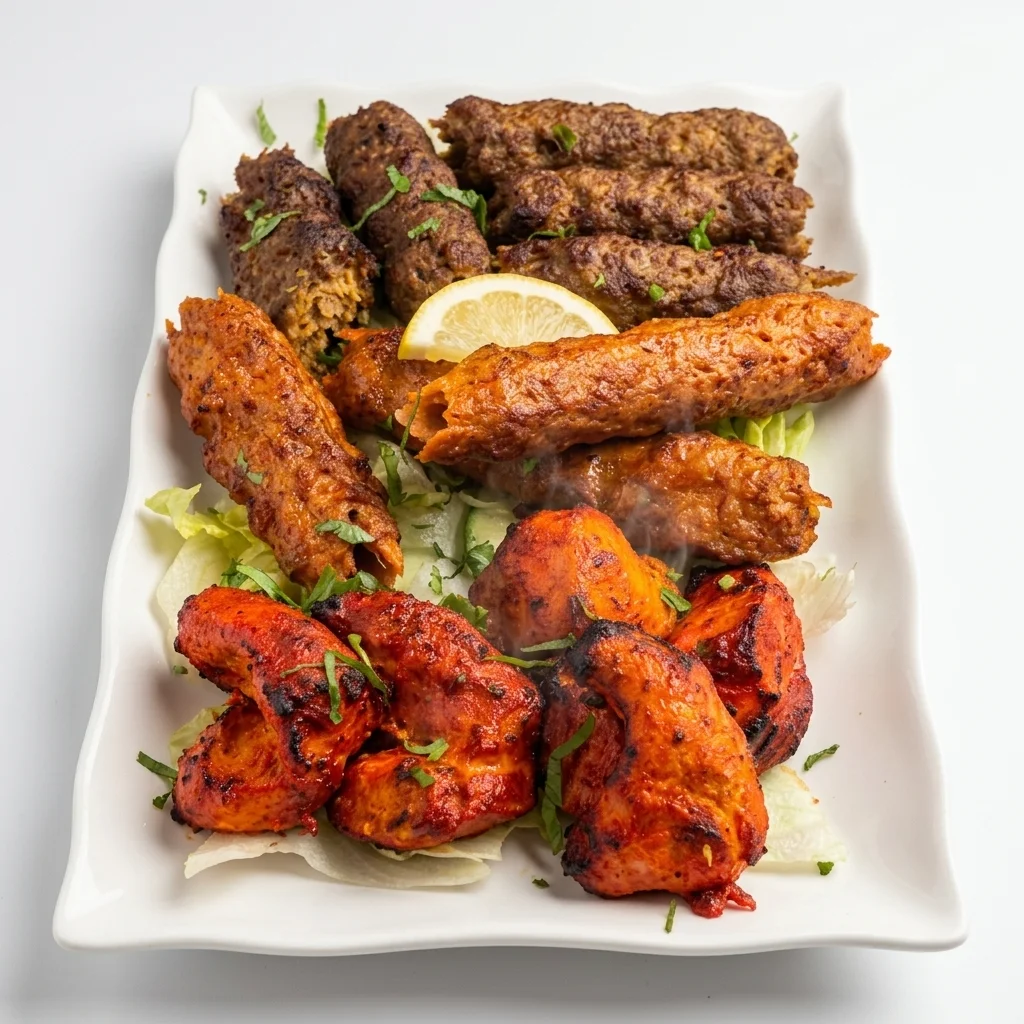 BBQ mixed grill platter with seekh kababs and chicken tikka at Shahi Zaika Westwinds Calgary